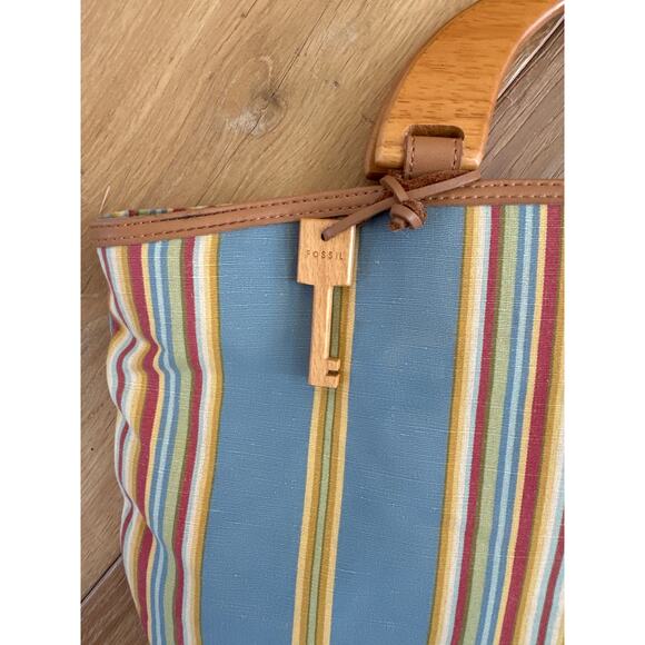 Vintage Striped Fossil Bag With Wood Handles